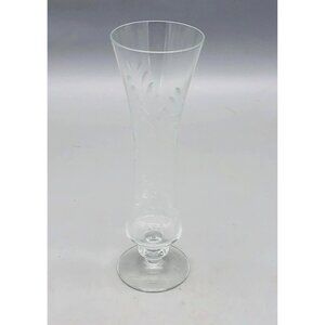 Clear floral etched crystal bud flute footed vase 9" READ